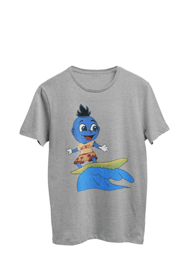 WooHooBerry skillfully riding a large wave while surfing, dressed in a gold WooHoo T-shirt and Hawaiian shorts. A dynamic scene of ocean sports and casual style. The tee itself is Gray
